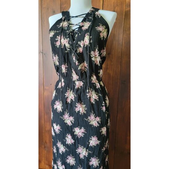American Eagle Women Sm. Maxi Dress Black Floral Cottagecore Sleeveless Keyhole - Picture 7 of 16